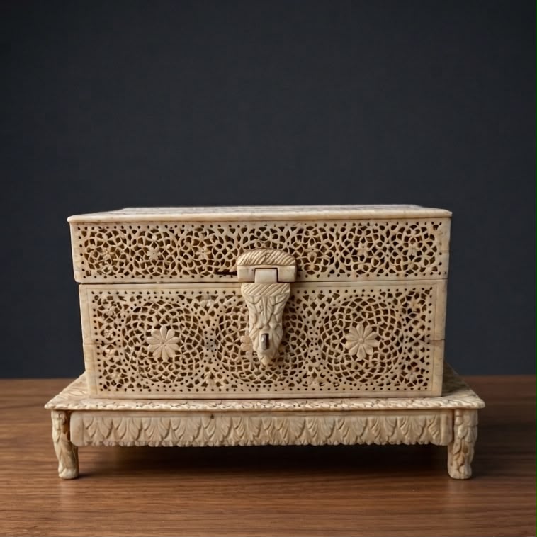 Natural camelbone box carved with floral pattern.